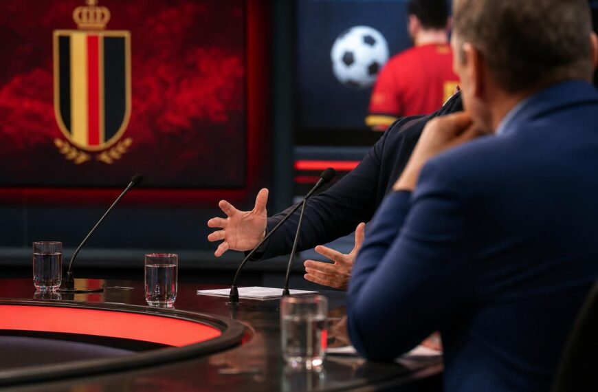 Gespannen voetbalstudio met microfoons rond de discussie over Jérémy Doku en vaderschap