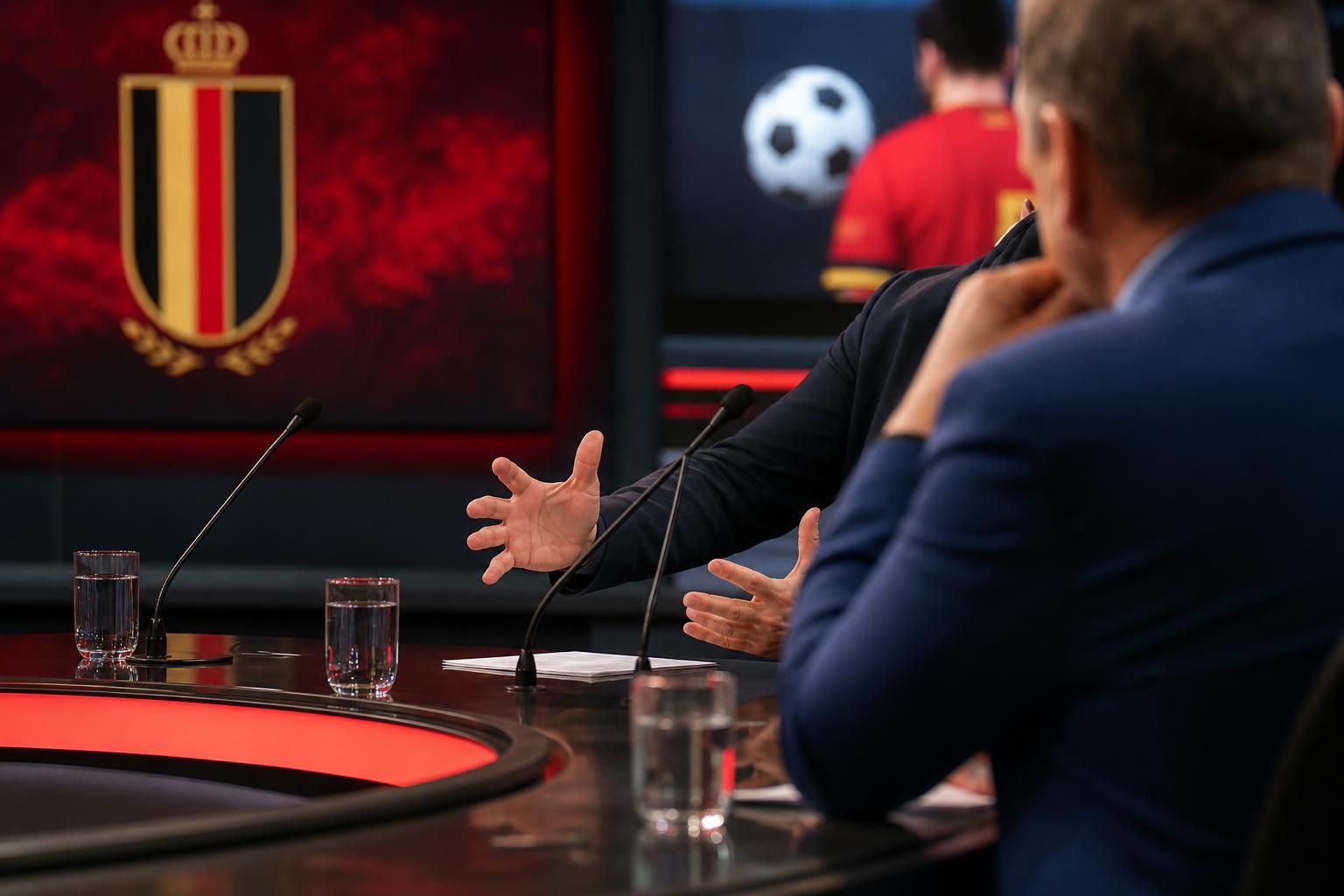 Gespannen voetbalstudio met microfoons rond de discussie over Jérémy Doku en vaderschap