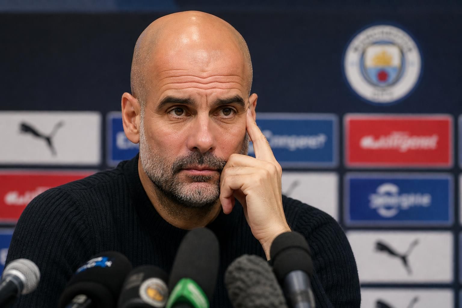 Pep Guardiola tijdens een persmoment bij Manchester City