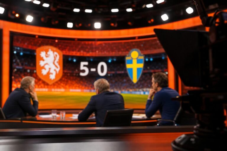 Voetbalstudio na de WK-wedstrijd tussen Nederland en Zweden met gespannen analysesfeer