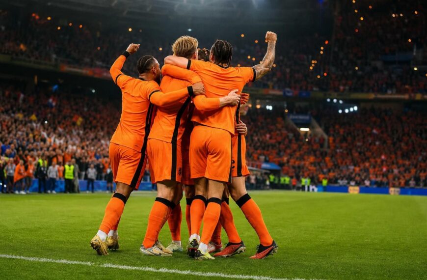 Nederlandse spelers vieren een doelpunt tijdens een WK-wedstrijd zonder herkenbare gezichten