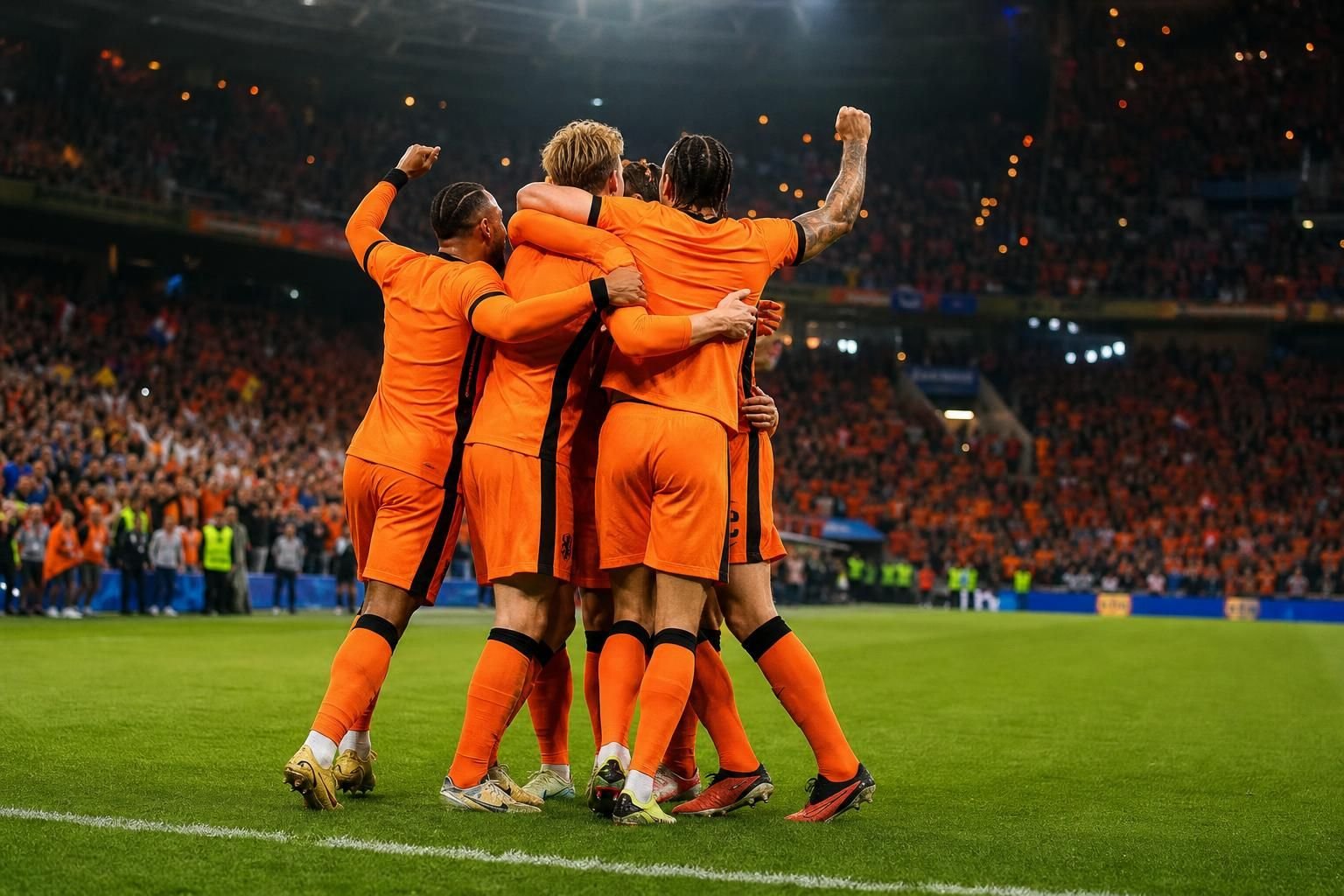Nederlandse spelers vieren een doelpunt tijdens een WK-wedstrijd zonder herkenbare gezichten