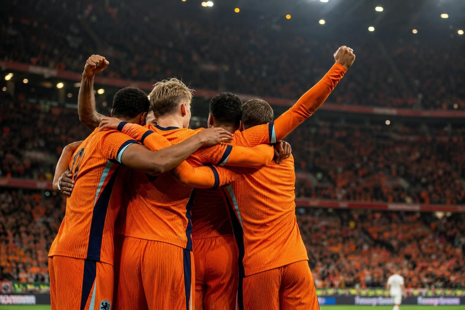 Nederlandse spelers vieren een doelpunt voor een vol stadion