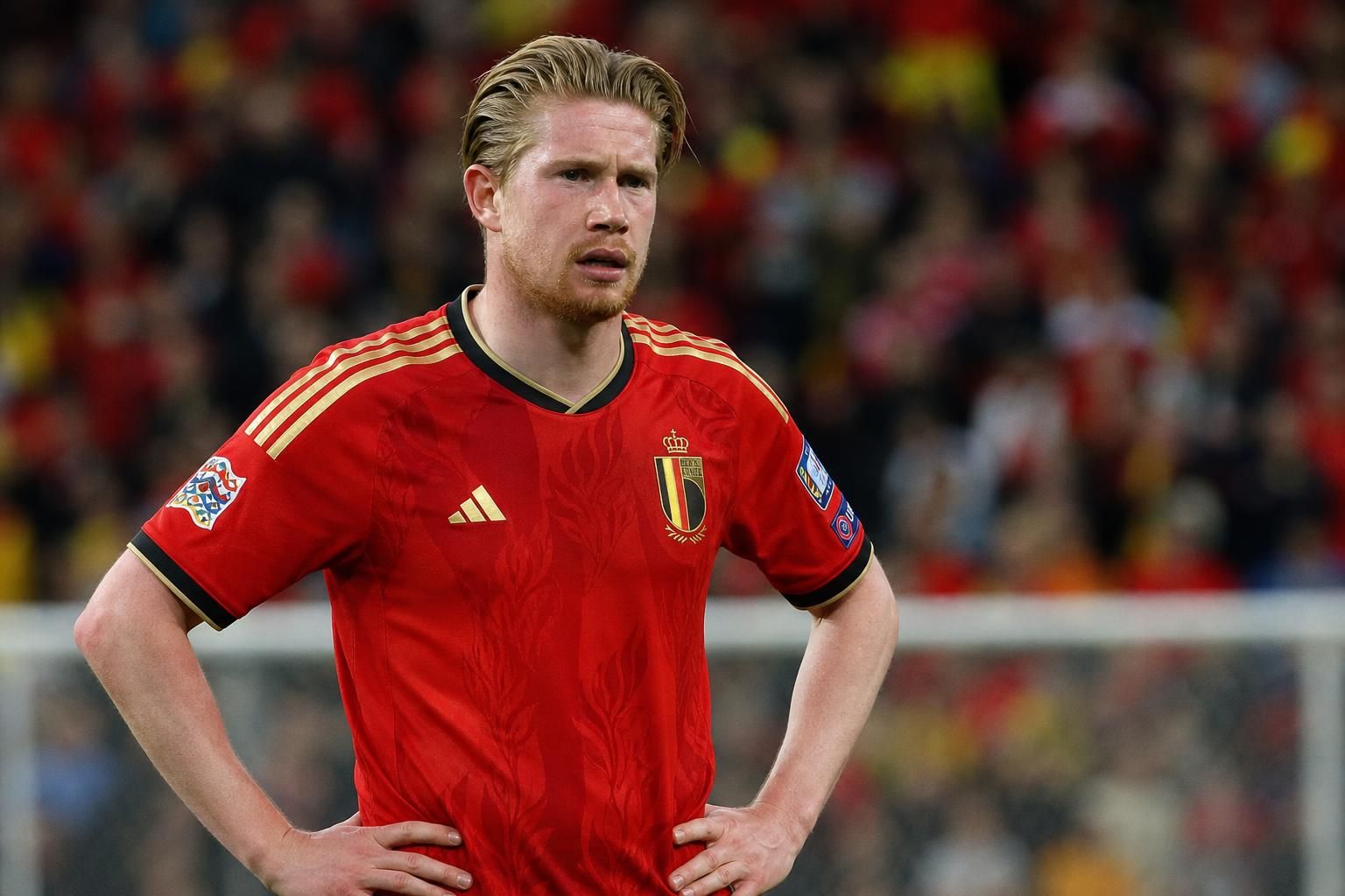 Kevin De Bruyne in een gespannen wedstrijdmoment bij de Rode Duivels