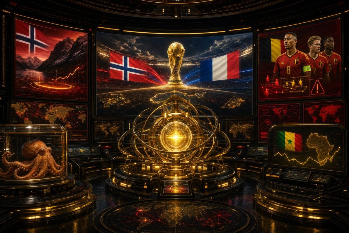 Gouden VoetbalFocus Prediction Engine met WK-projecties, Belgische accenten en Paul de Octopus in een observatiecapsule