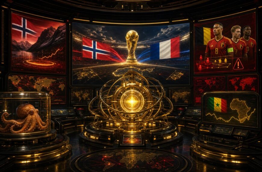 Gouden VoetbalFocus Prediction Engine met WK-projecties, Belgische accenten en Paul de Octopus in een observatiecapsule