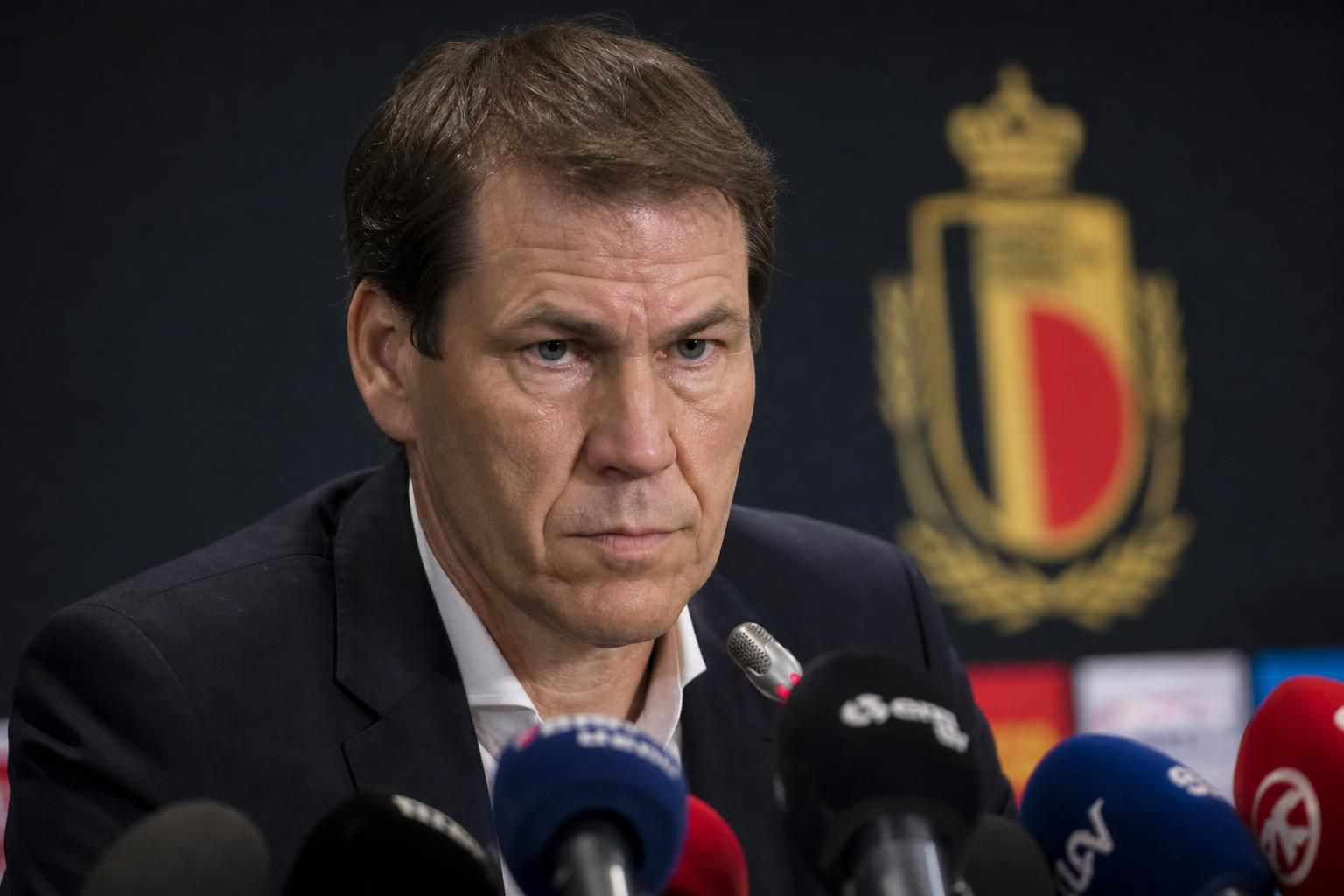 Rudi Garcia tijdens een gespannen persmoment bij de Rode Duivels op het WK