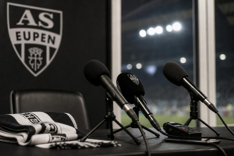 Persmoment rond de aanstelling van Felice Mazzu bij AS Eupen