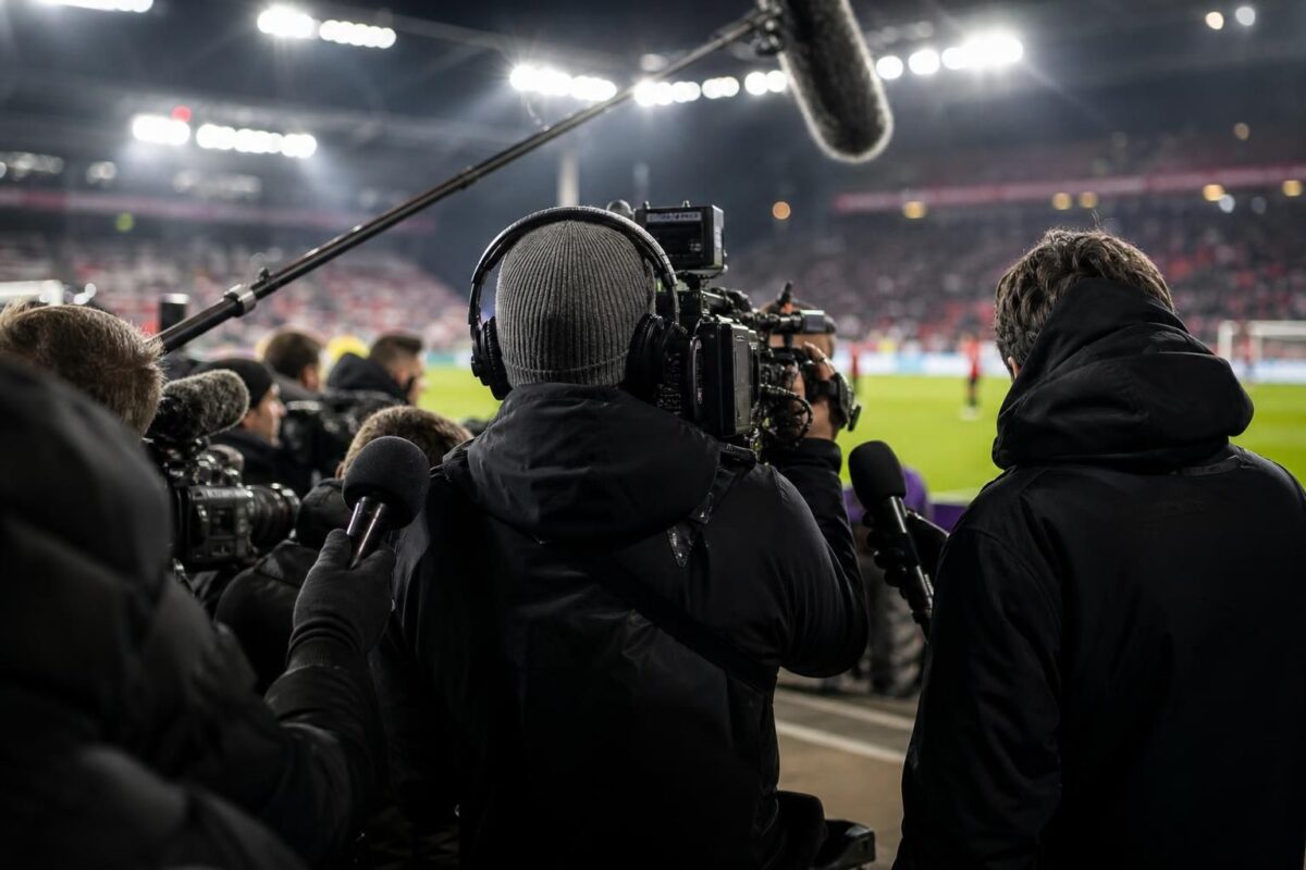 Televisiecamera’s en persmicrofoons langs een voetbalveld na een beladen wedstrijd