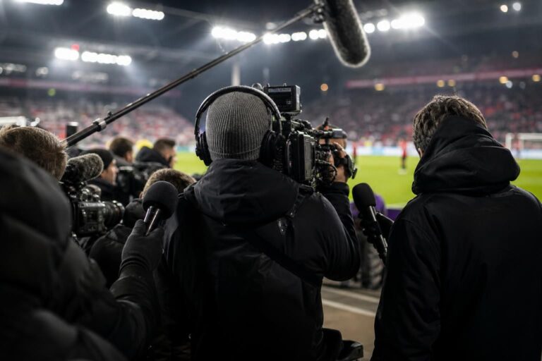 Televisiecamera’s en persmicrofoons langs een voetbalveld na een beladen wedstrijd