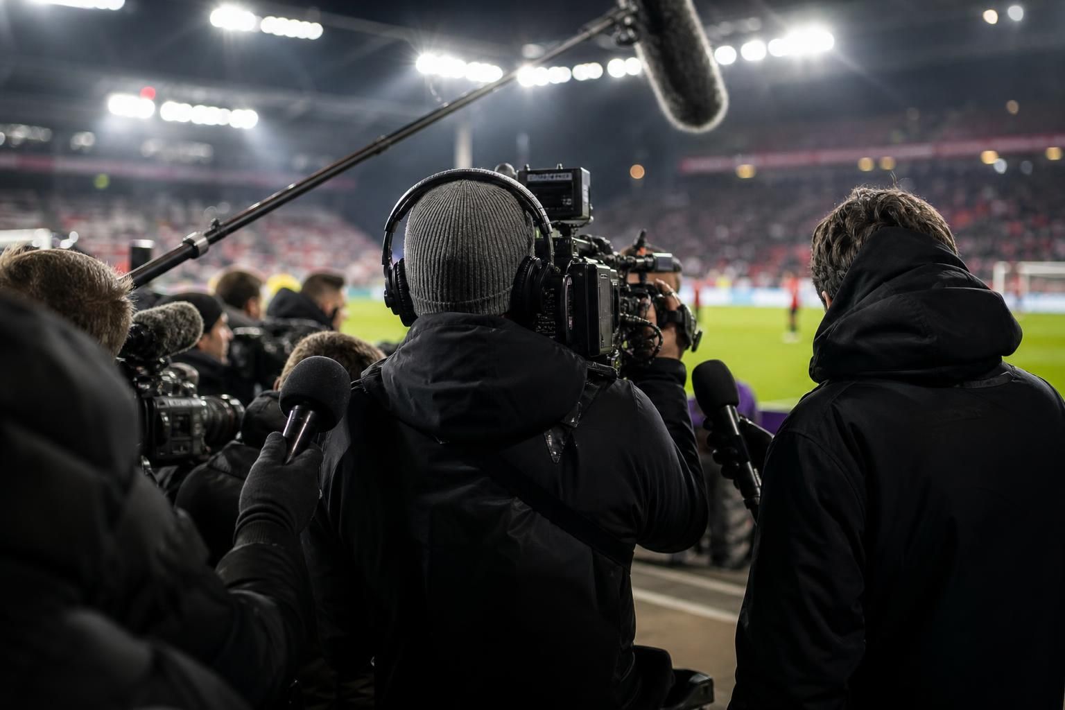 Televisiecamera’s en persmicrofoons langs een voetbalveld na een beladen wedstrijd