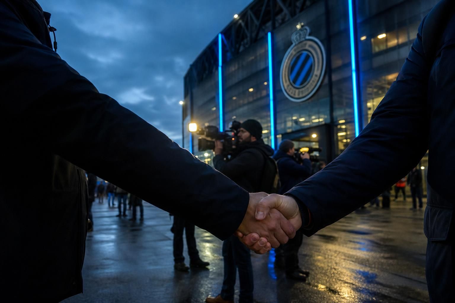 Transfercontext rond Club Brugge met gespannen stadionomgeving en perscamera's zonder herkenbare gezichten