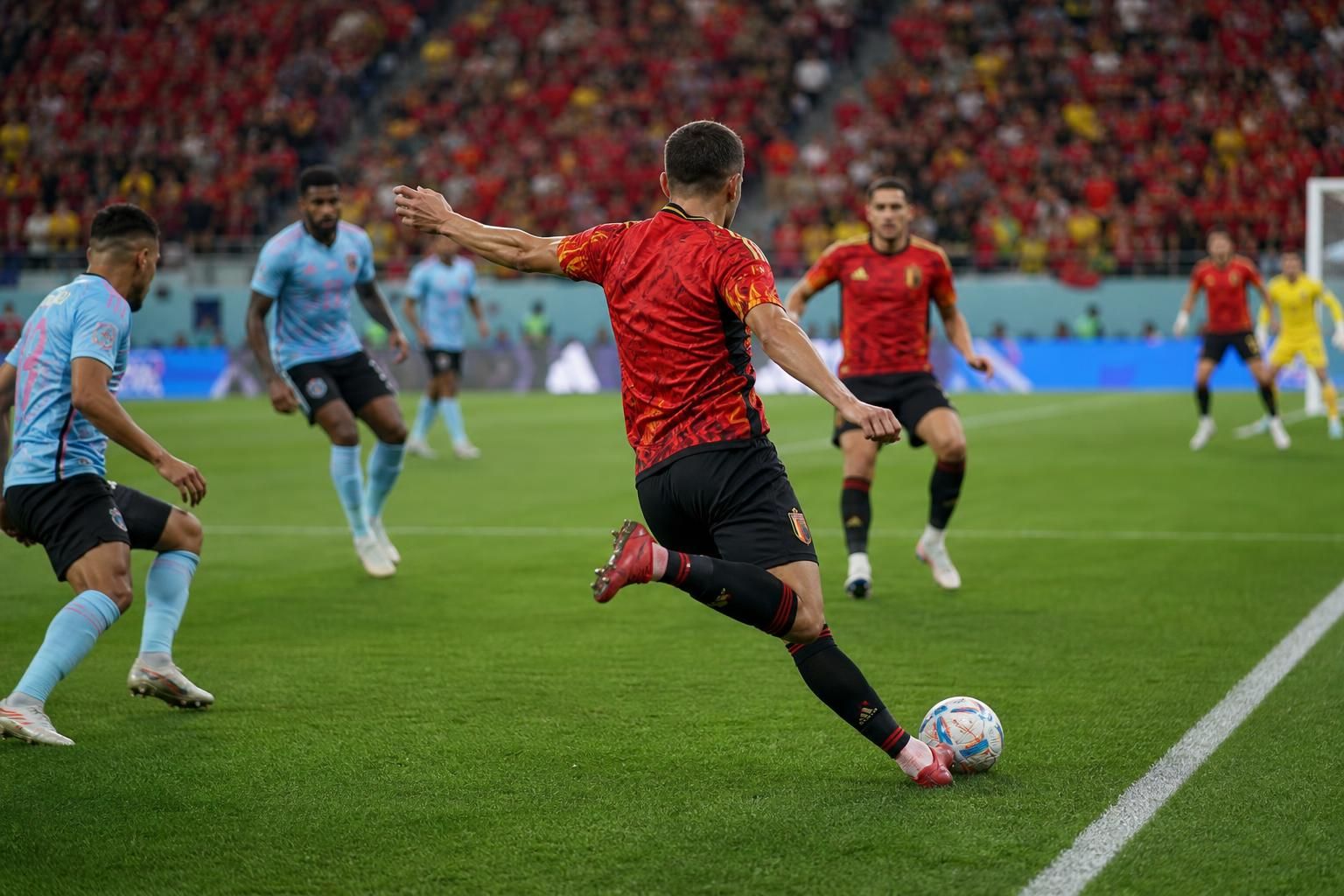 Gespannen wedstrijdbeeld van de Rode Duivels op het WK 2026 zonder herkenbare gezichten