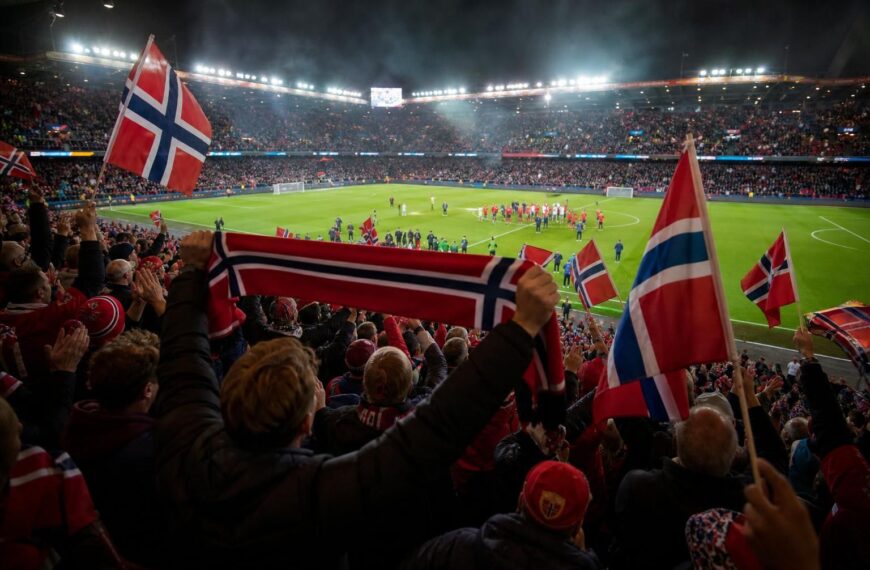 Noorse supporters vieren met de Viking Row tijdens het WK