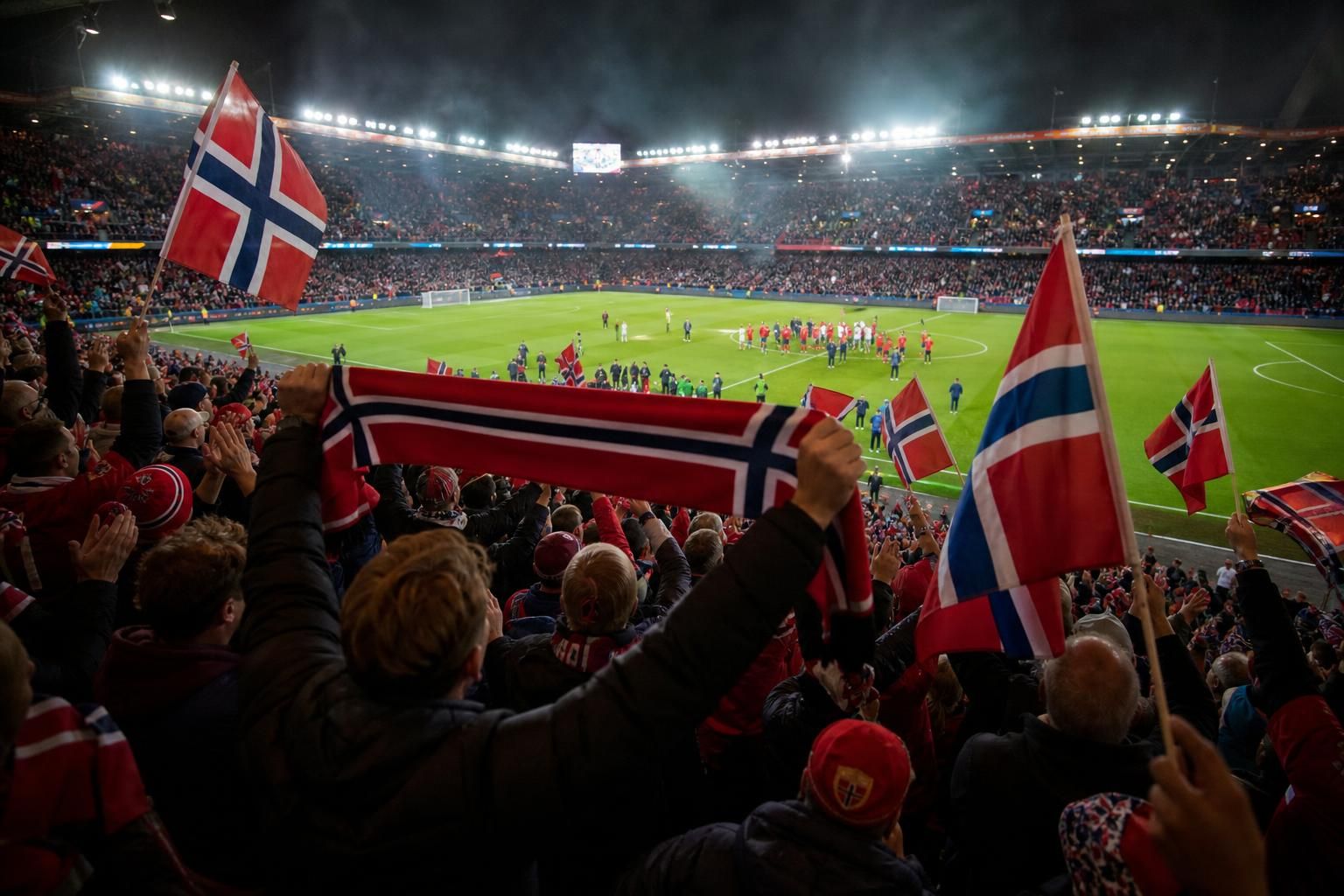 Noorse supporters vieren met de Viking Row tijdens het WK