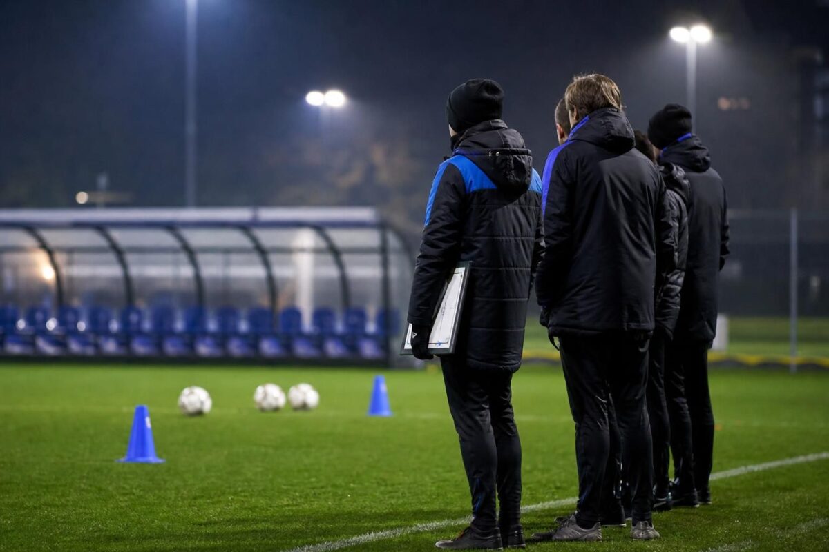 Een assistent-coach in Club Brugge-context tijdens een training zonder herkenbare gezichten.