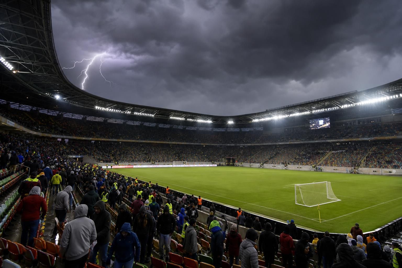 Een voetbalstadion onder dreigende onweerslucht tijdens een onderbroken wedstrijd.