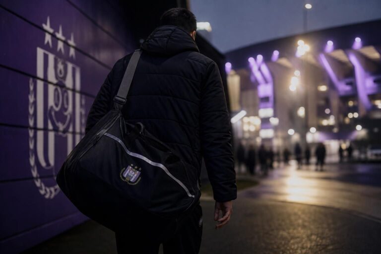 Transfercontext rond RSC Anderlecht met focus op spanning en clubomgeving zonder herkenbare gezichten