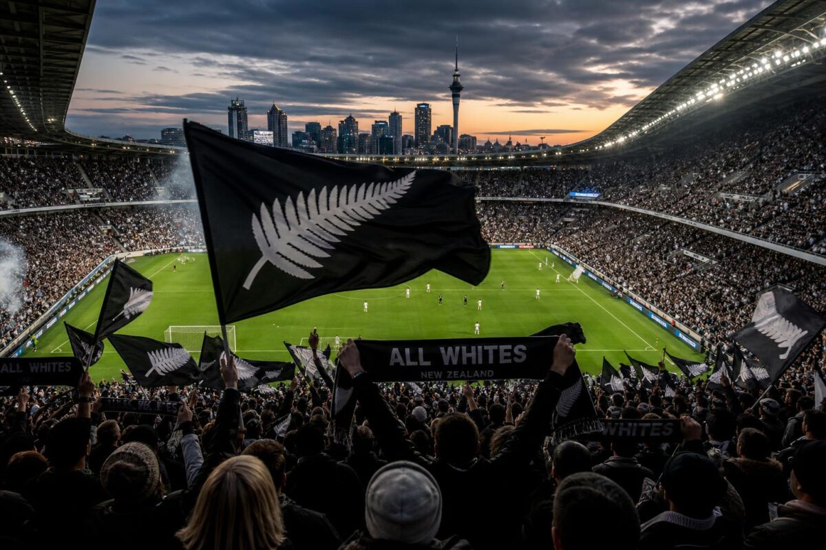 Nieuw-Zeelandse voetbalsupporters in nationale kleuren tijdens een interland