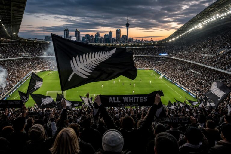 Nieuw-Zeelandse voetbalsupporters in nationale kleuren tijdens een interland