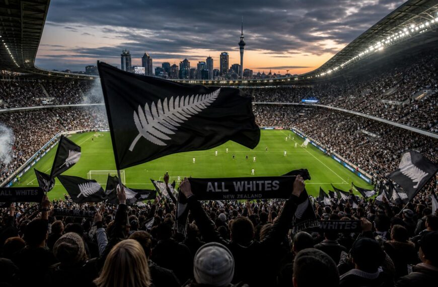 Nieuw-Zeelandse voetbalsupporters in nationale kleuren tijdens een interland