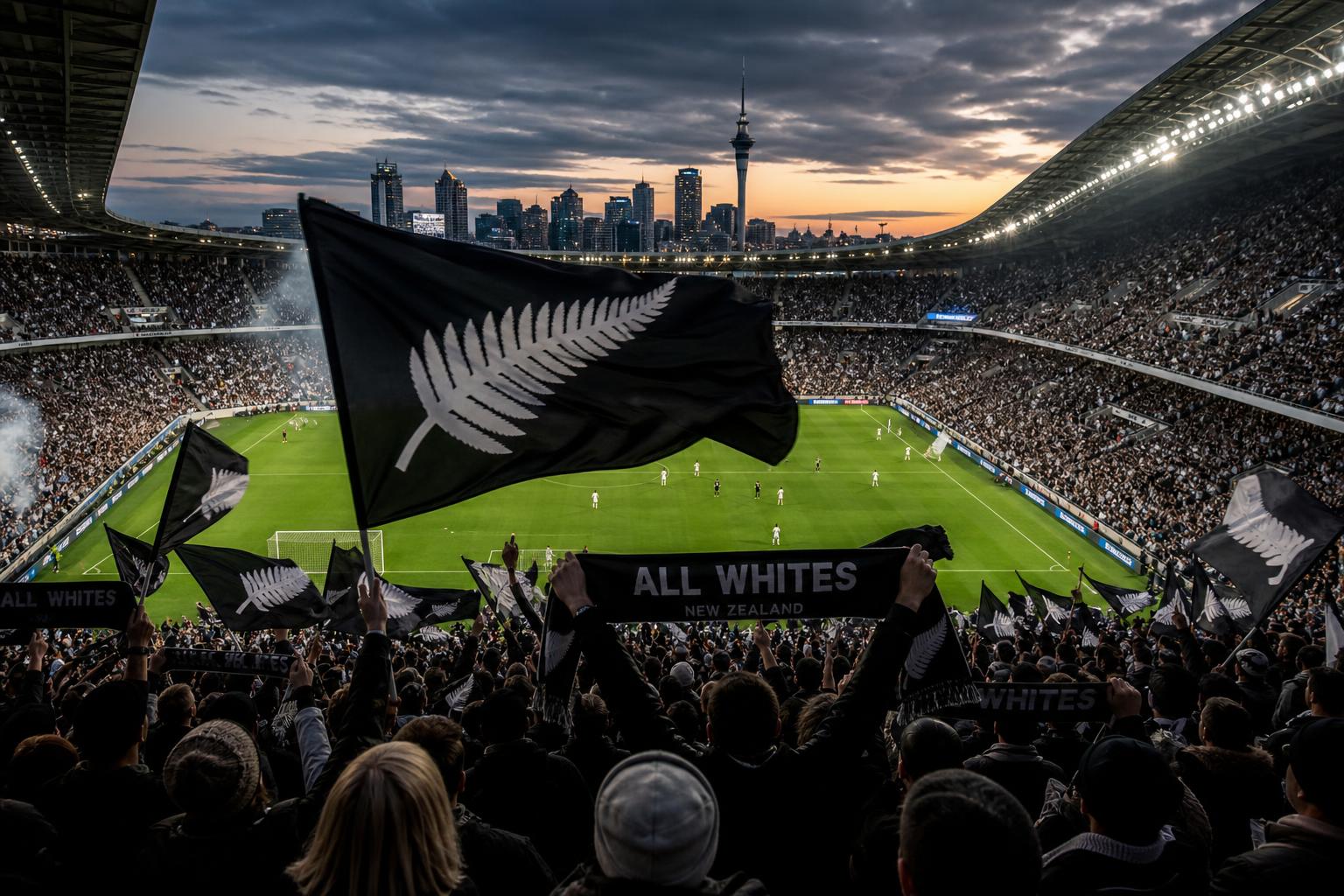 Nieuw-Zeelandse voetbalsupporters in nationale kleuren tijdens een interland