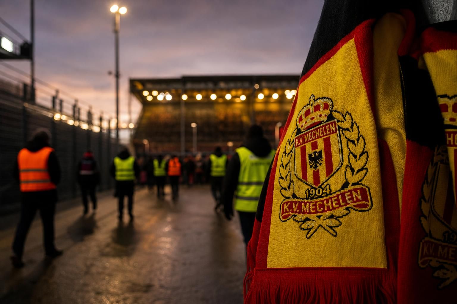 Transfercontext rond KV Mechelen met gele en rode clubkleuren in een stadionomgeving