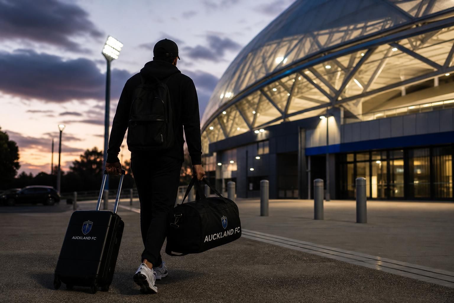 Transferachtige stadionomgeving met voetbaltas en valiezen onder de stadionlichten