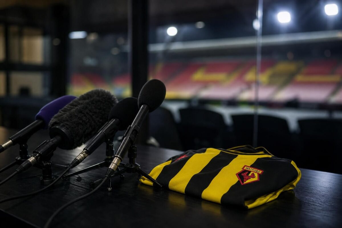 Sfeerbeeld van een gespannen voetbalpersmoment rond een disciplinaire zaak.