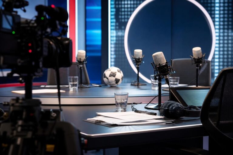 Sporttalkshowstudio met camera's en microfoons rond een voetbalgerichte uitzending