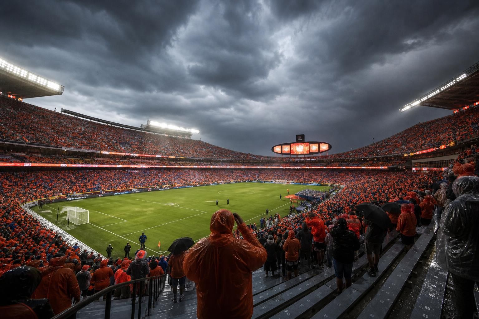 Dreigend onweer boven een open voetbalstadion in Kansas City voor Nederland-Tunesië