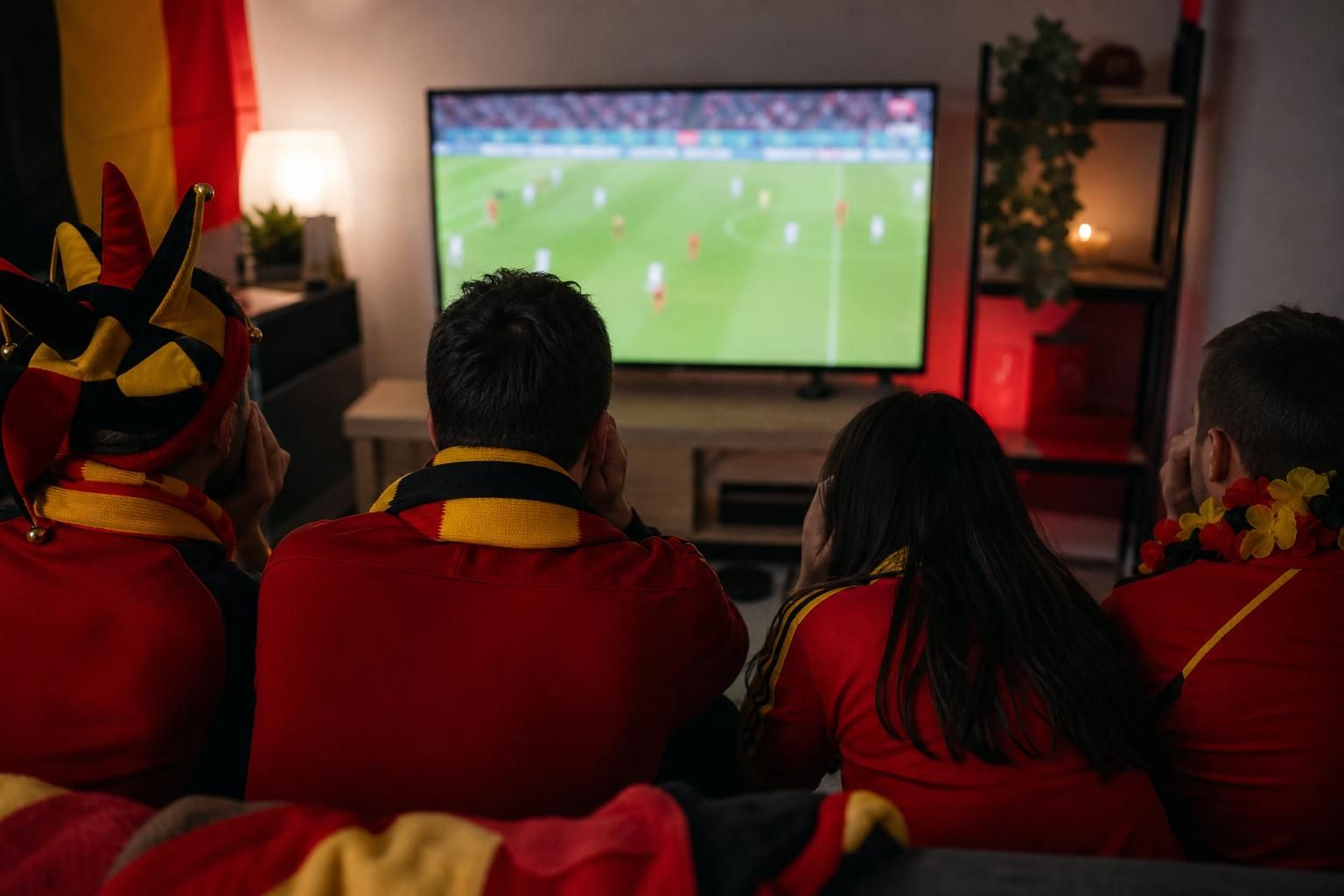 Belgische supporters volgen gespannen een vroeg WK-duel van de Rode Duivels