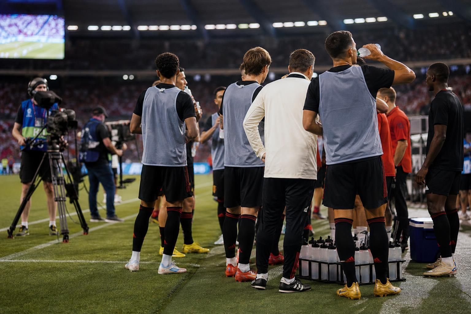 Een hydration break langs de zijlijn tijdens een voetbalwedstrijd met tv-camera’s op de achtergrond