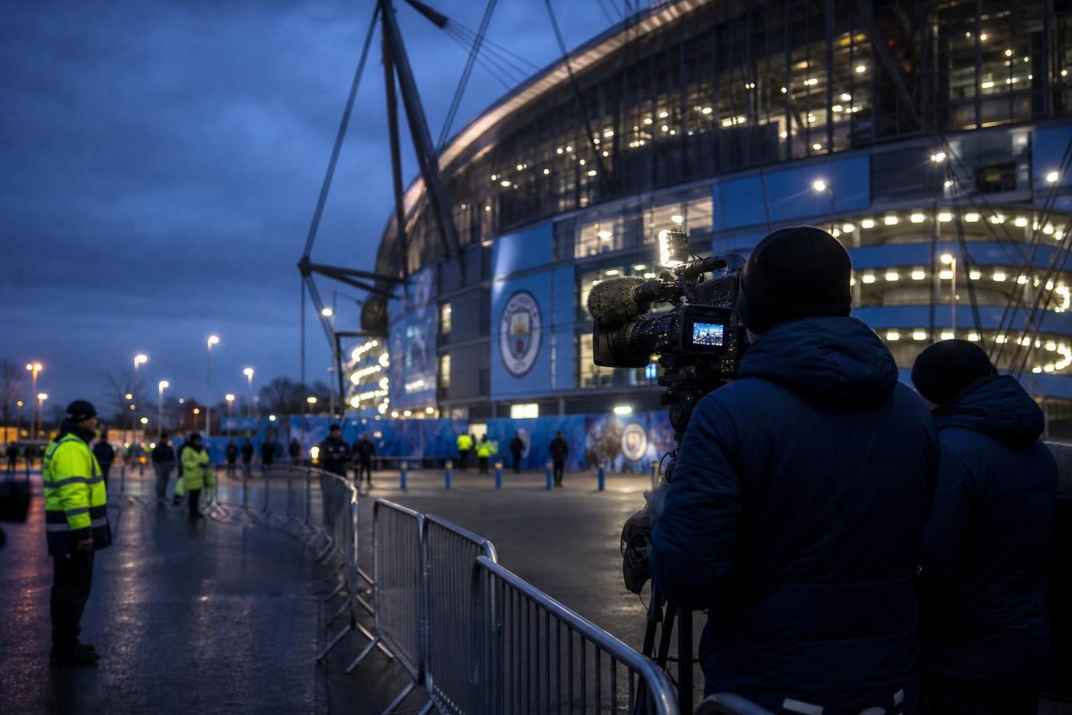 Transfercontext rond Manchester City met camera's aan een stadioningang