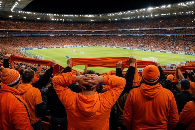 Oranje-supporters in een WK-stadionomgeving rond de discussie over dure tickets