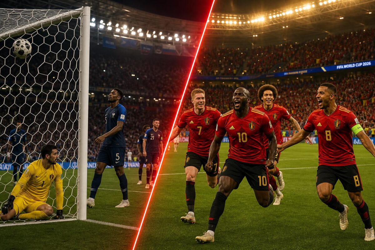 Belgische spelers vieren een WK-doelpunt tegen Frankrijk
