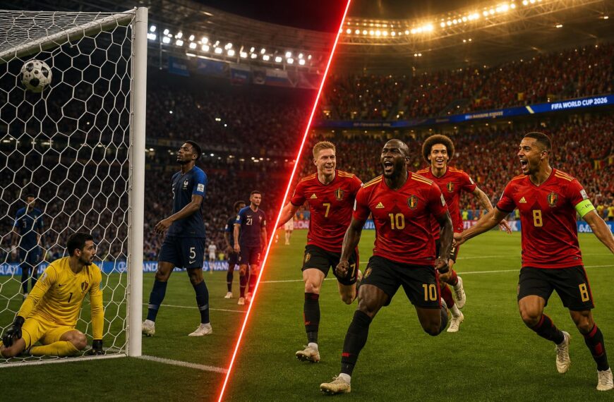 Belgische spelers vieren een WK-doelpunt tegen Frankrijk