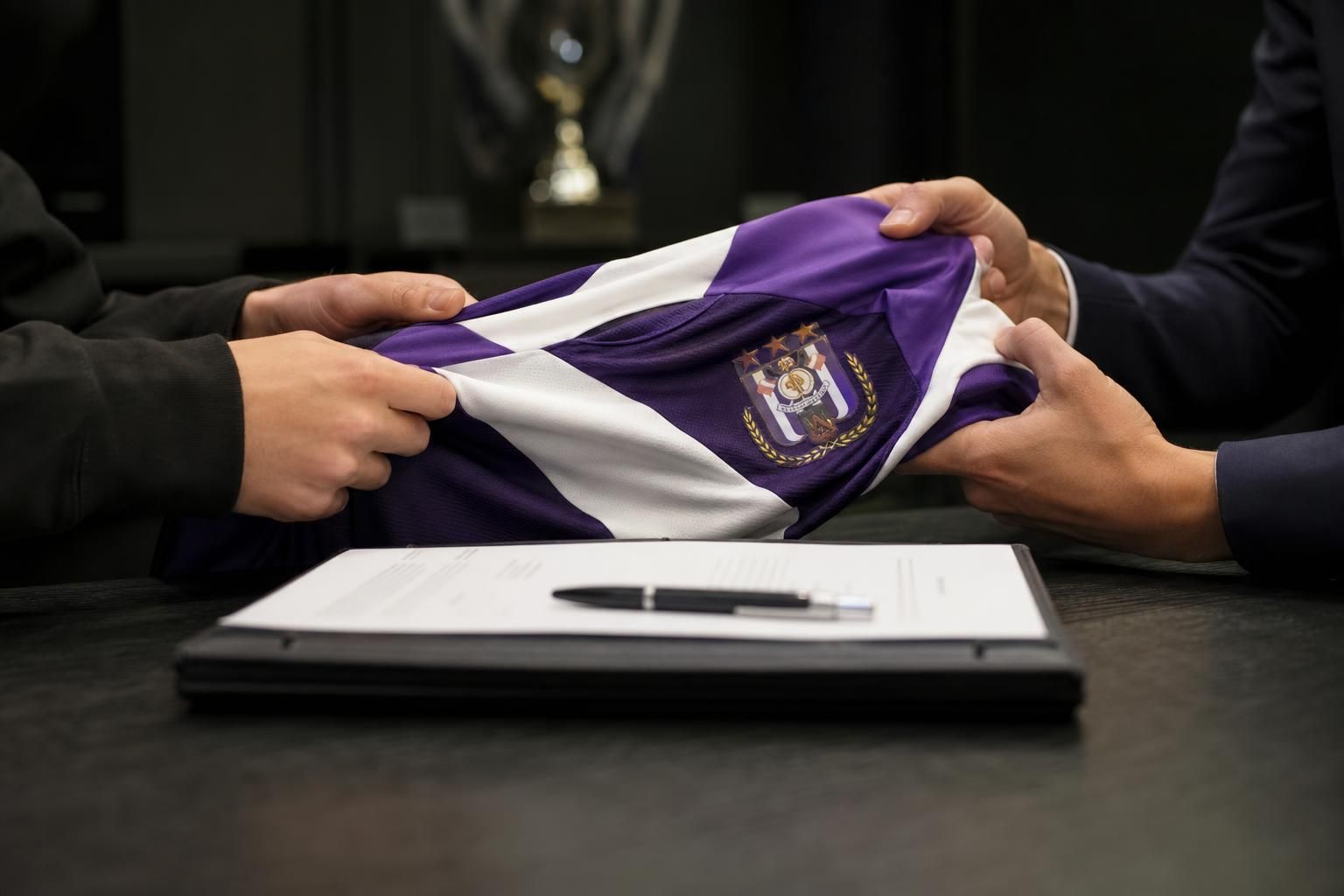 Paars-wit shirt bij een contractmoment van RSC Anderlecht, zonder herkenbare gezichten