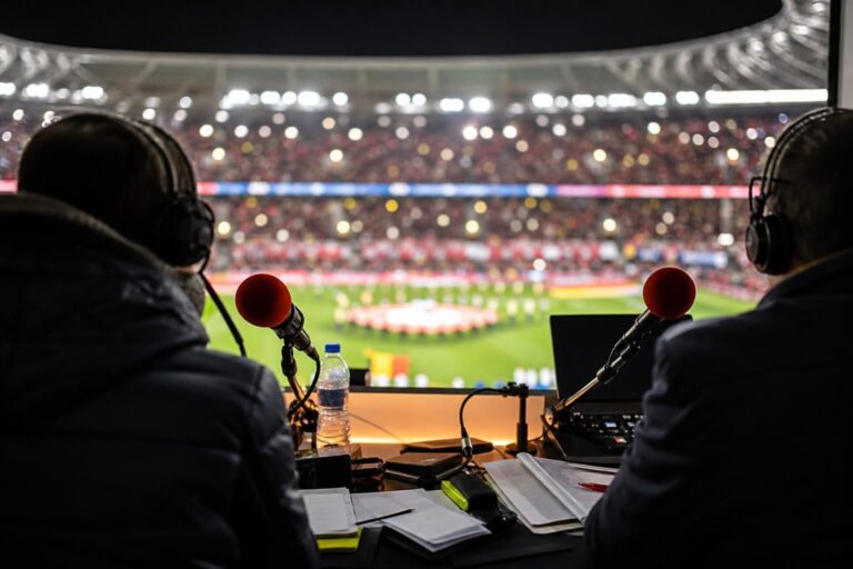 Een gespannen voetbalcommentaarpositie in een WK-stadion zonder herkenbare gezichten.