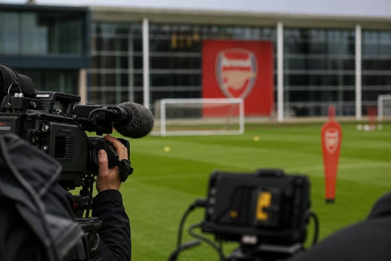 Sfeerbeeld van een perszone rond een mogelijke academie-aanstelling bij Arsenal zonder herkenbare gezichten.