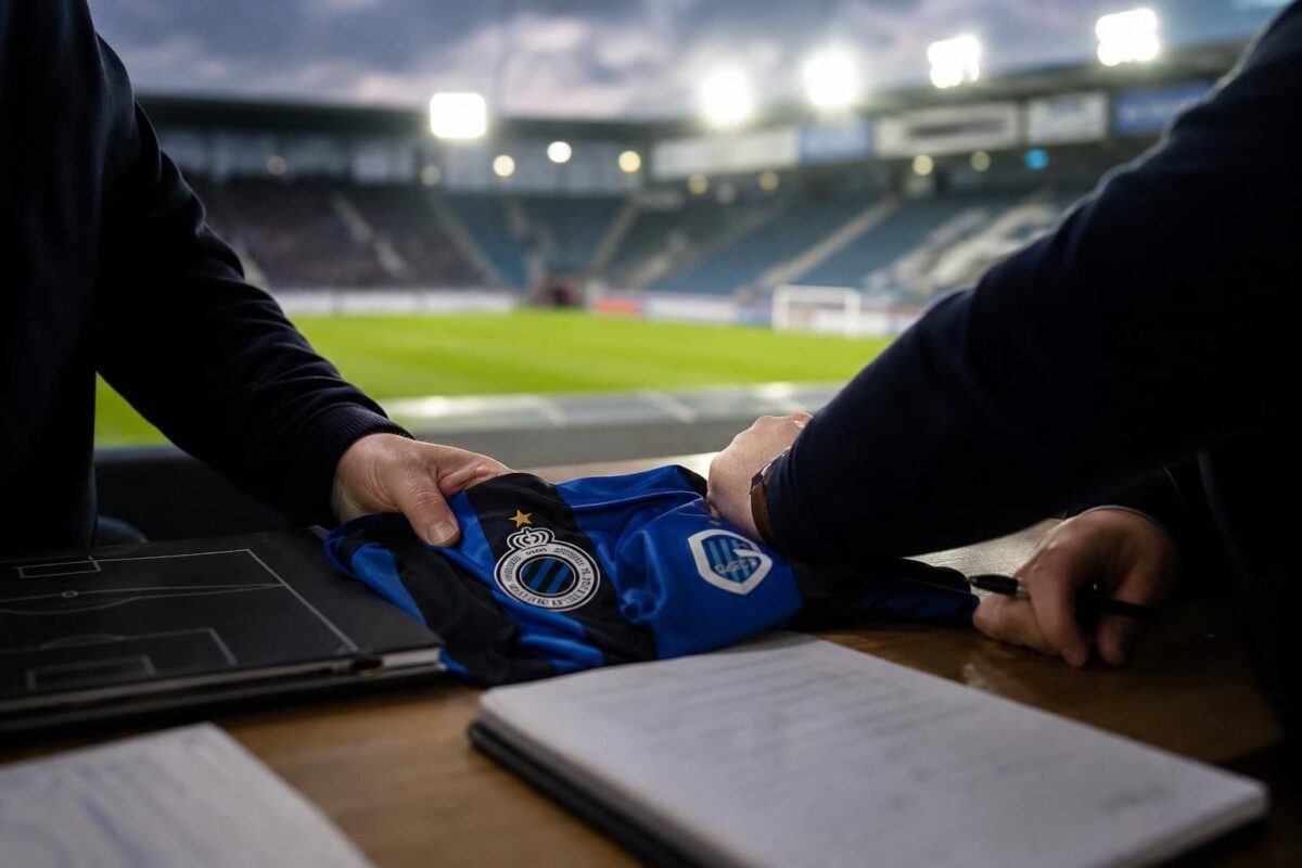 Anonieme transferscène in een stadioncontext rond Club Brugge en KRC Genk