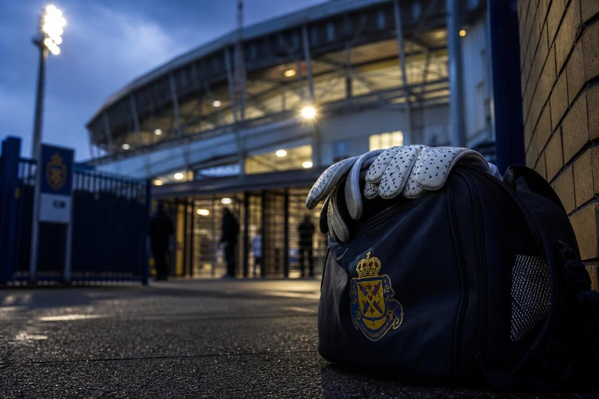 Sfeerbeeld van een doelman in transfercontext bij een stadion