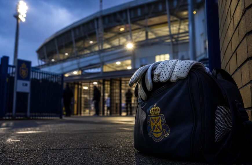 Sfeerbeeld van een doelman in transfercontext bij een stadion