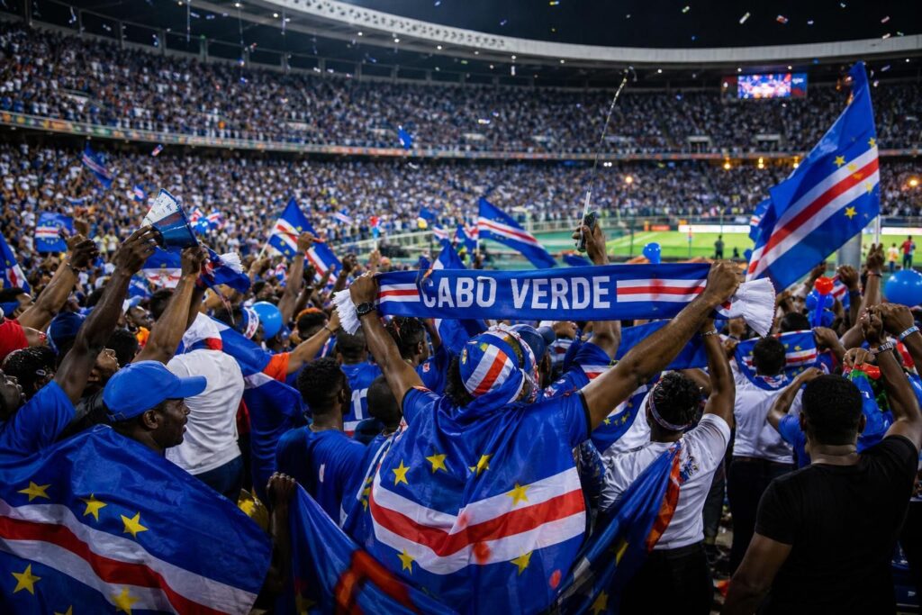 kaapverdie-wk-droom-uruguay-spanje-argentinie Kaapverdische supporters vieren een historische WK-kwalificatie in een vol stadion