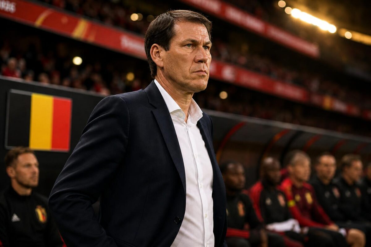 Rudi Garcia kijkt geconcentreerd toe tijdens een WK-wedstrijd van België