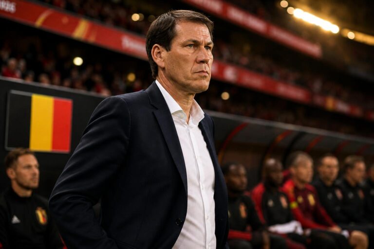 Rudi Garcia kijkt geconcentreerd toe tijdens een WK-wedstrijd van België