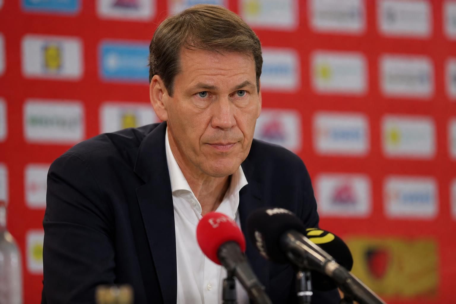 Rudi Garcia in een gespannen persmoment rond de Rode Duivels na de ruime zege tegen Nieuw-Zeeland