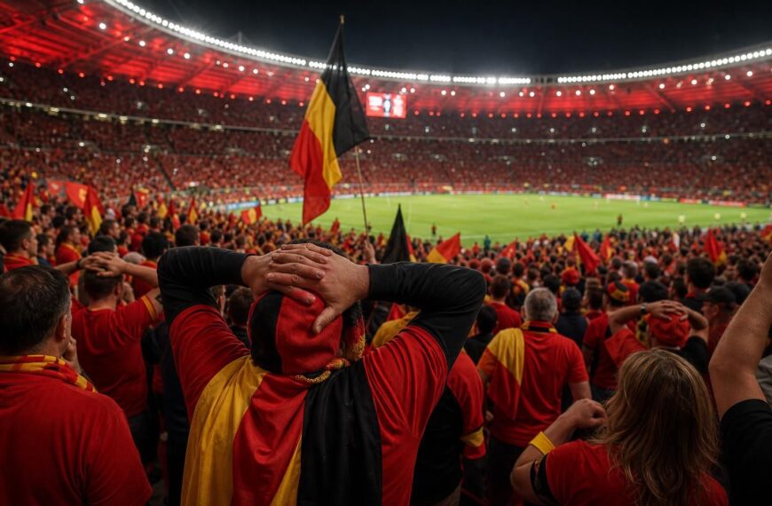 Supporters van de Rode Duivels in een gespannen WK-stadion na de groepswinst