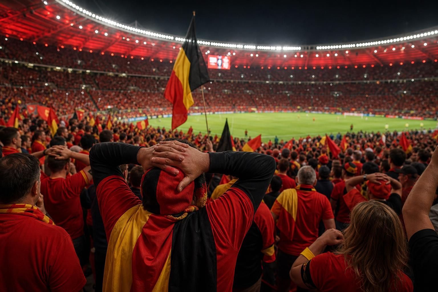 Supporters van de Rode Duivels in een gespannen WK-stadion na de groepswinst