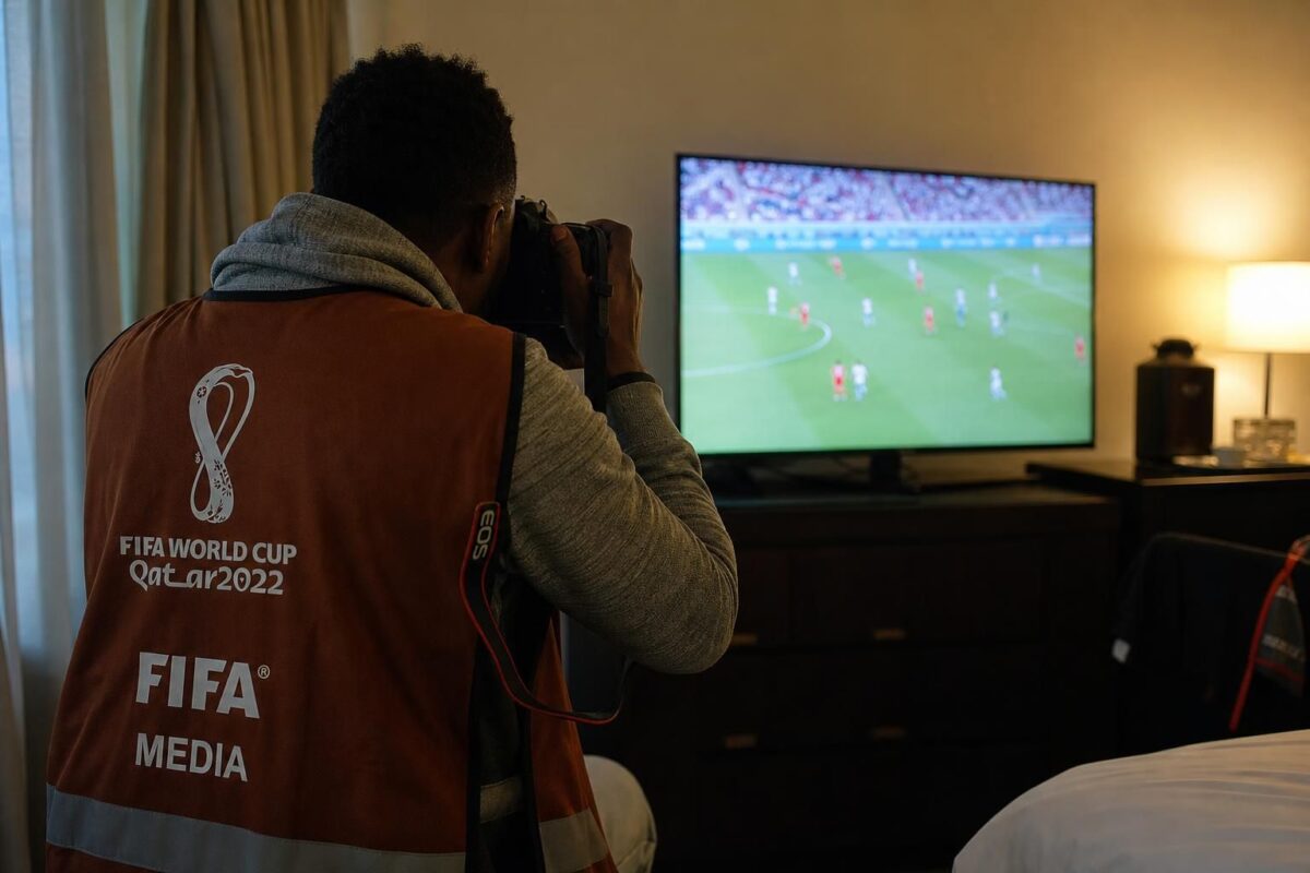 Een ploegfotograaf richt zijn camera op een televisiescherm tijdens een WK-wedstrijd van Senegal.